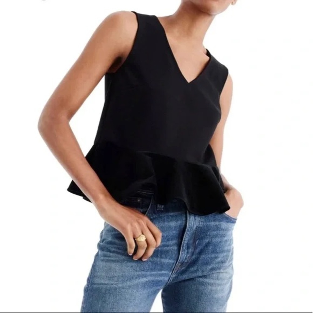 J Crew Black Sleeveless Velvet Contrast Peplum Top V Neck Tank Top Size XS